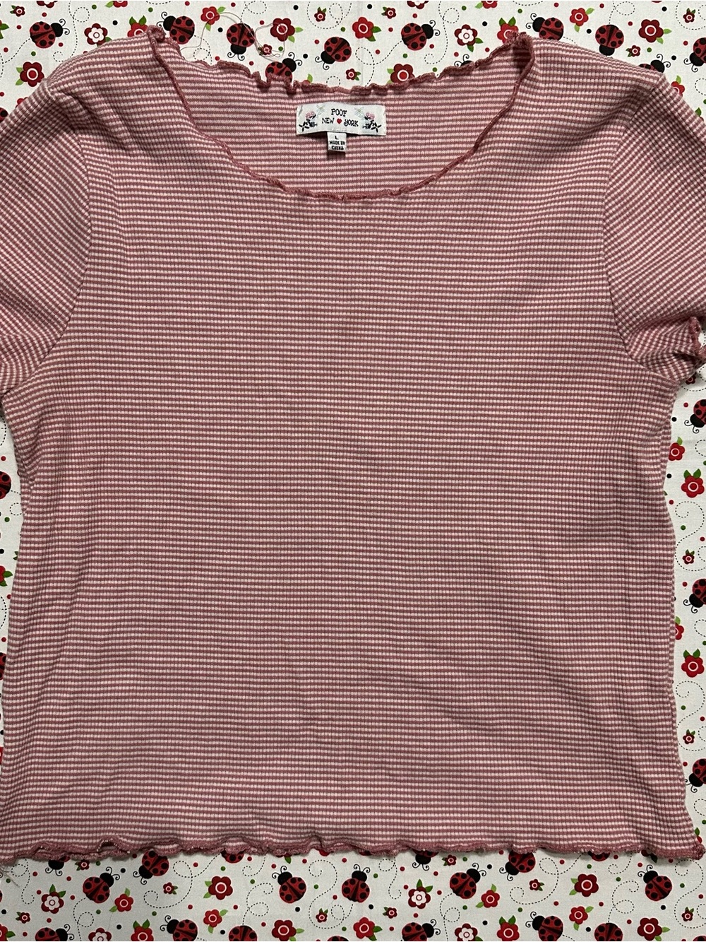 Poof New York Pink & White Striped Scoop Neck Cap Sleeve Ruffle Tee Juniors L
